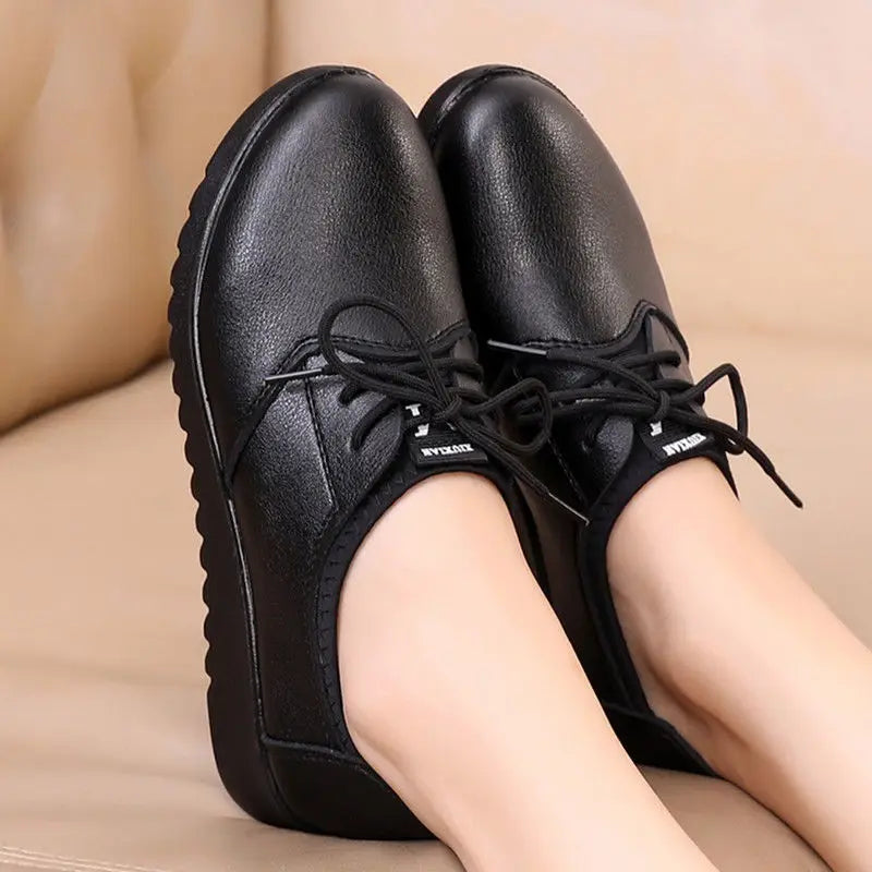 Solid Black Oxford Shoes Woman Work Leather Wedge Flats Female Casual Lace Up Spring Shoes Women's kitchen Non-slip Loafers