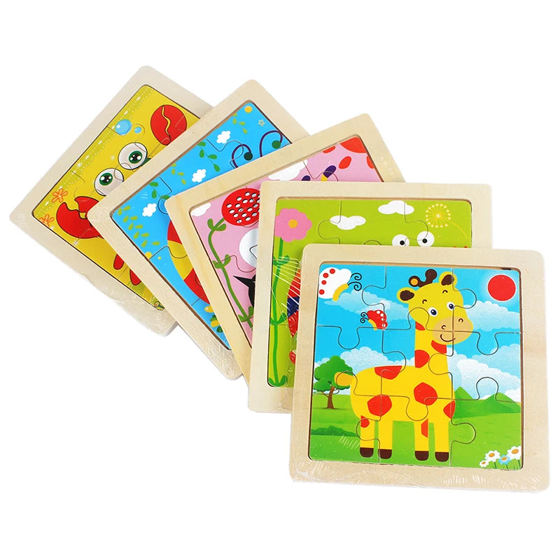 Kids Toy Wood Puzzle Small Size 11*11cm Wooden 3D Puzzle Jigsaw for Children Baby Cartoon Animal/Traffic Puzzles Educational Toy