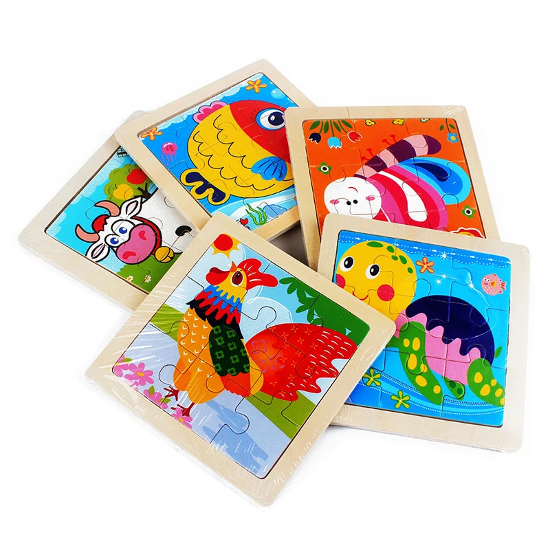 Kids Toy Wood Puzzle Small Size 11*11cm Wooden 3D Puzzle Jigsaw for Children Baby Cartoon Animal/Traffic Puzzles Educational Toy