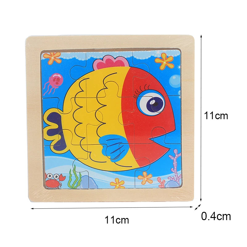 Kids Toy Wood Puzzle Small Size 11*11cm Wooden 3D Puzzle Jigsaw for Children Baby Cartoon Animal/Traffic Puzzles Educational Toy