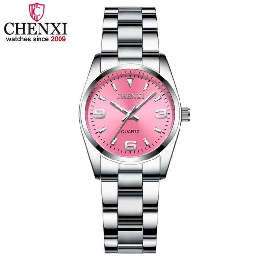 CHENXI Fashion Pink Dial Watches For Women High Quality Quartz Watch Elegant Dress Ladies Stainless Steel Wristwatches xfcs