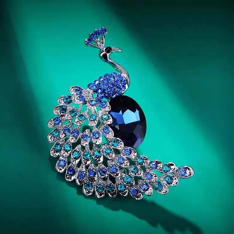 Retro Blue Crystal Rhinestone Peacock Brooches for Women Bird Suit Dress Pin Wedding Party Office Brooch Vintage Jewelry Gift