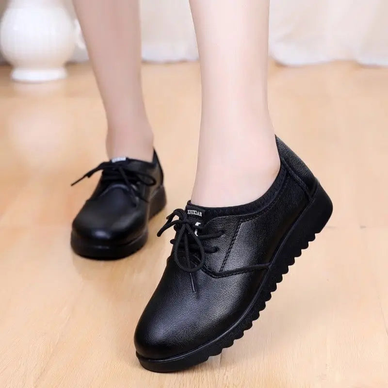 Solid Black Oxford Shoes Woman Work Leather Wedge Flats Female Casual Lace Up Spring Shoes Women's kitchen Non-slip Loafers