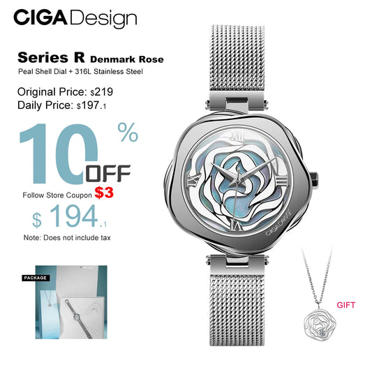 CIGA Design Watch for Women Denmark Rose Automatic Mechanical Wrist Watches or Japan Quartz Ladies Wrist Watch Fashion Timepiece