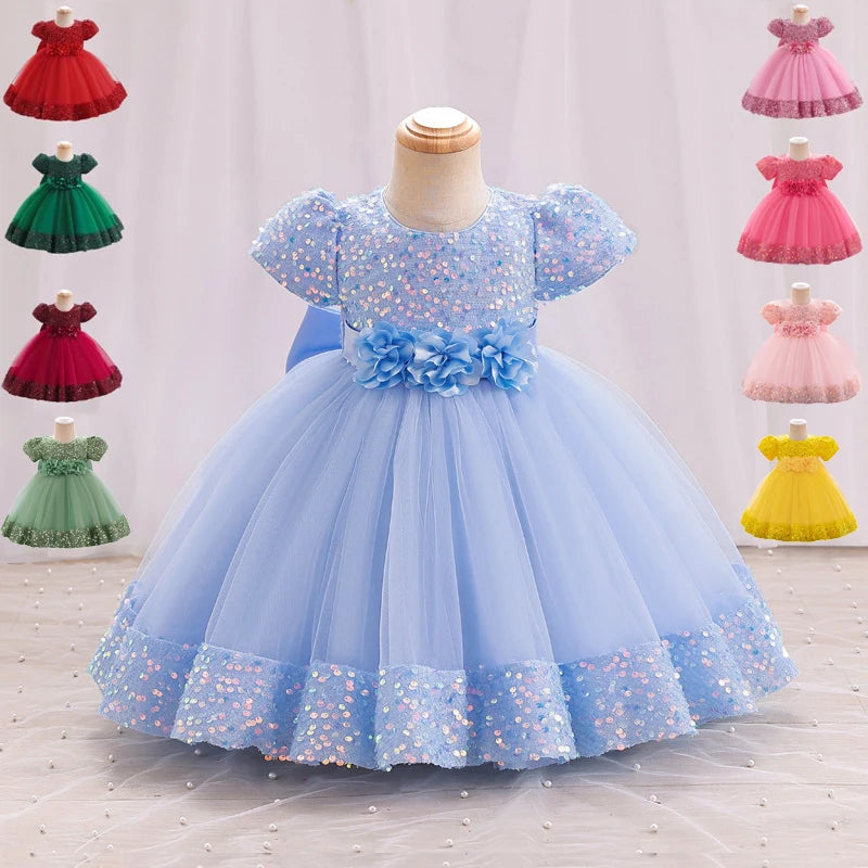 Sequin Bridesmaid Bow Girls Party Dresses Red Christmas Costumes 1st Birthday Princess Baby Dress Tulle Flower Wedding Prom Gown