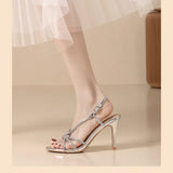 New Summer Women's High Heel Sandals Rhinestone Roman Sandals Open Toe Stiletto Sexy High Heels Slingback Shoes