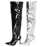 Sexy Silver Mirror Thigh High Boots Women T Show Pointy Toe Club Party Shoes Thin High Heels Over The Knee Long Boots For Women