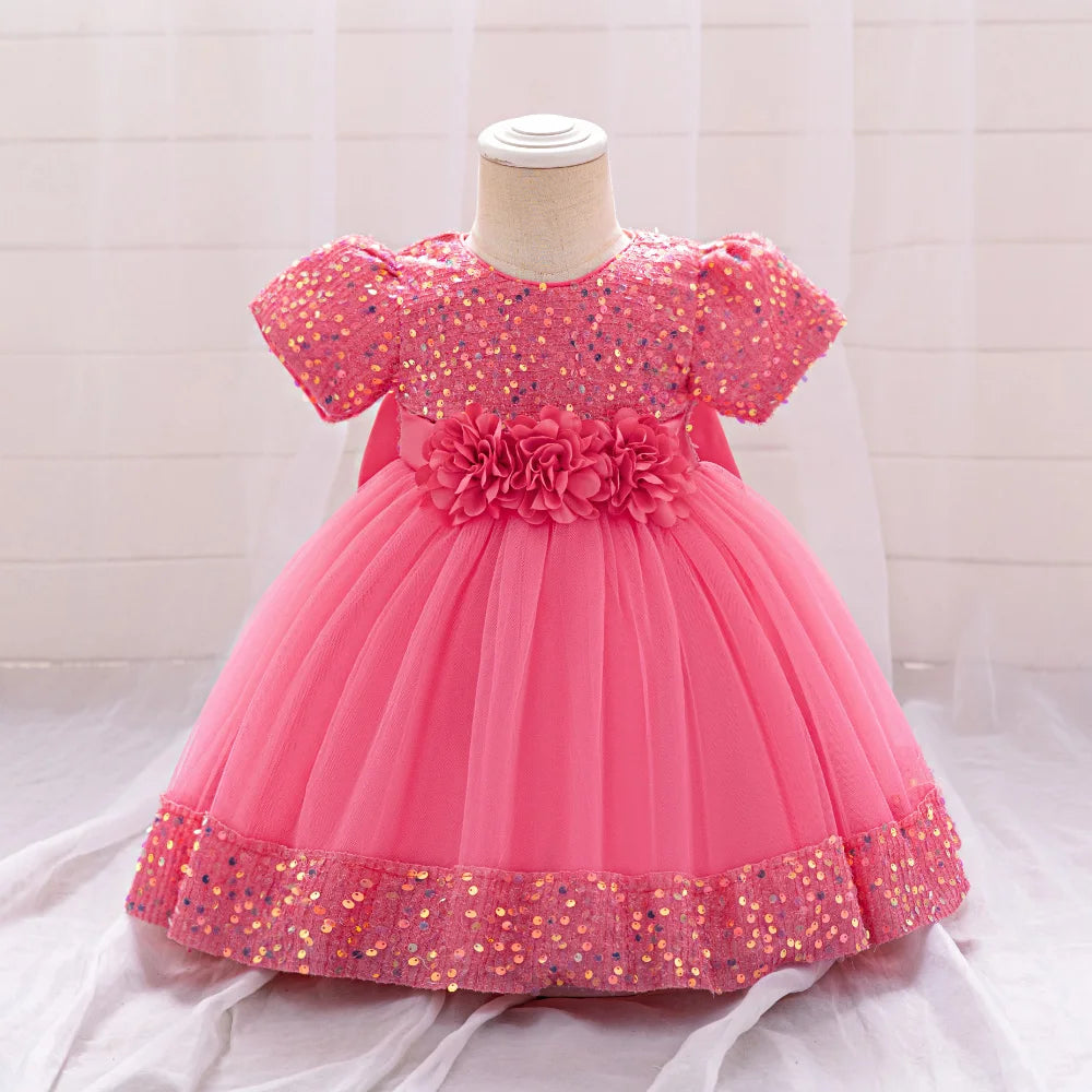 Sequin Bridesmaid Bow Girls Party Dresses Red Christmas Costumes 1st Birthday Princess Baby Dress Tulle Flower Wedding Prom Gown