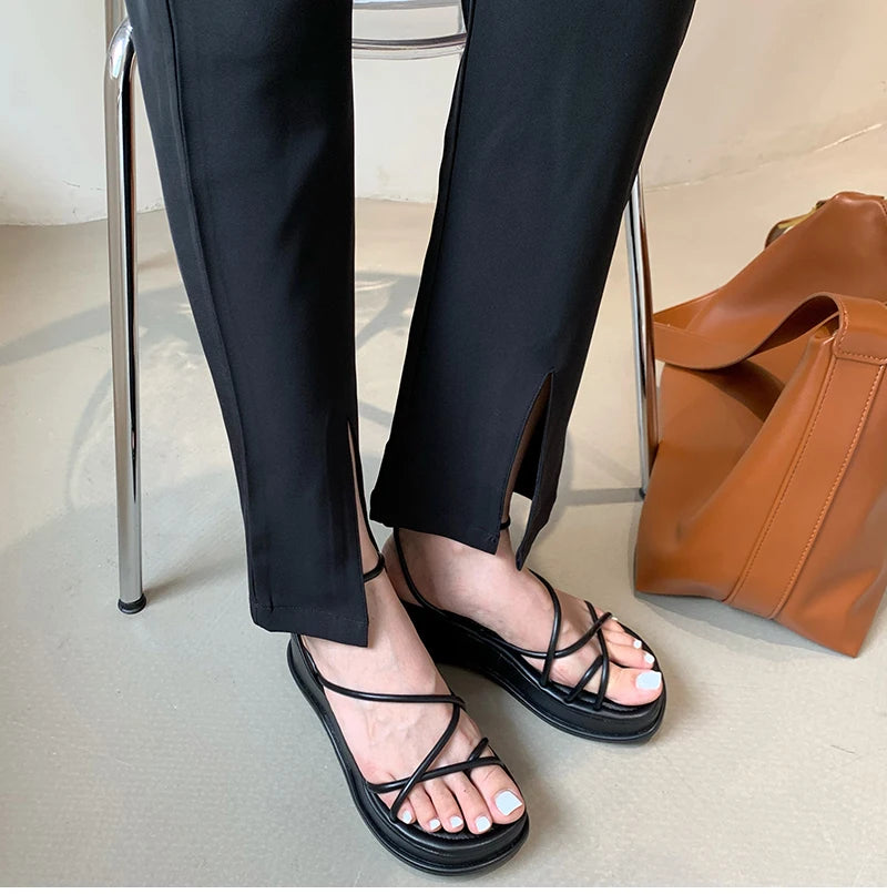 Design Open Toe Women Sandals Summer Fashion Narrow Band Dress Shoes Platform Wedges Heel Ladies Ankle Strap Gladiator Sandalias