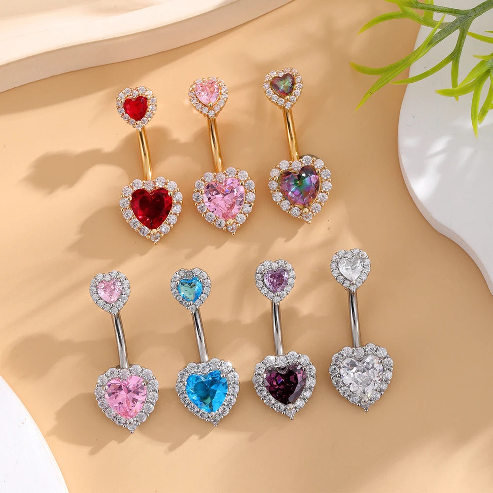 Red Zircon Curved Heart Belly Button Ring 14G Sexy Body Navel Piercing Nombril for Women Stainless Steel Blue Color Belly Rings