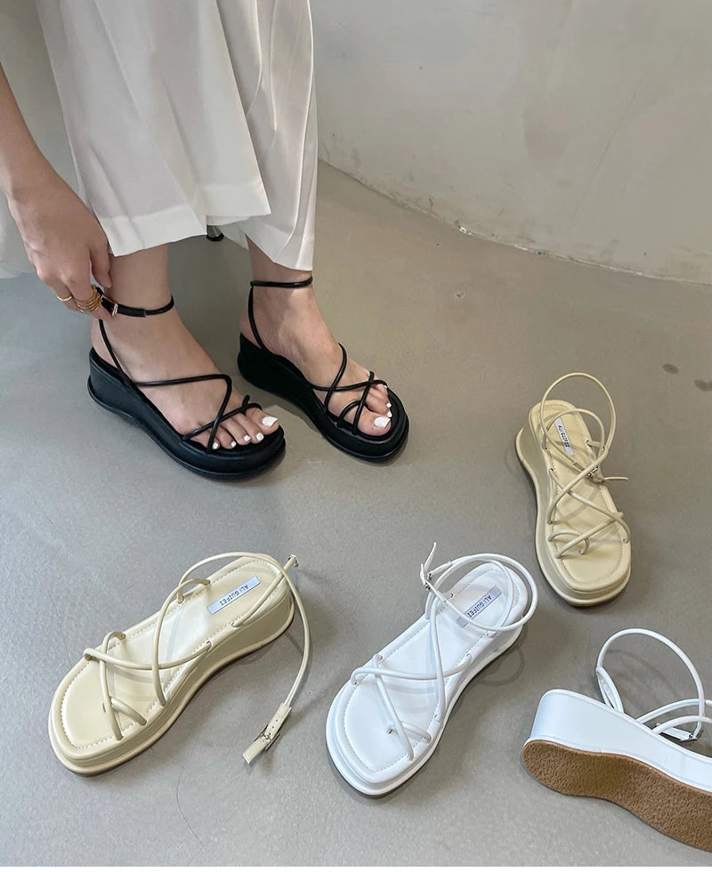 Design Open Toe Women Sandals Summer Fashion Narrow Band Dress Shoes Platform Wedges Heel Ladies Ankle Strap Gladiator Sandalias