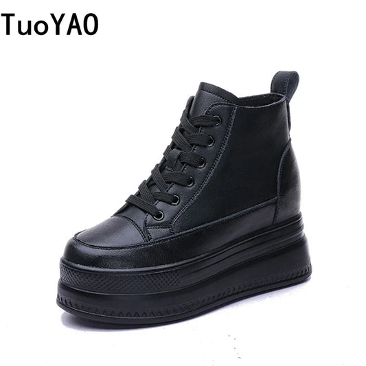 Women's Ankle Boots Winter Autumn Leather Chunky Shoe Woman Platform Height Increased Sneakers 8CM Thick Sole Wedges Black Boots