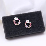 Korean Round Flower Bowknot Stud Earrings Small Colorful Enamel Crystal Rhinestone Wreath Garland Ear Jewelry Birthday Gift