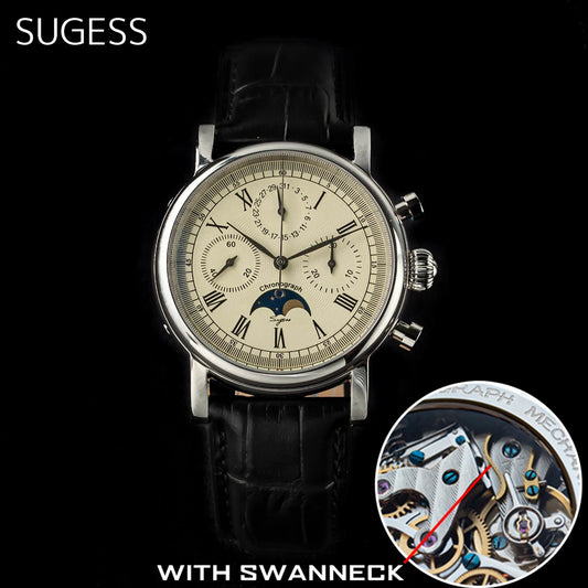 Sugess Men Watch ST1908 Swanneck Movement Mechanical Chronograph Wristwatch Genuine Moonphase Calendar Vintage Leather NEW 2023