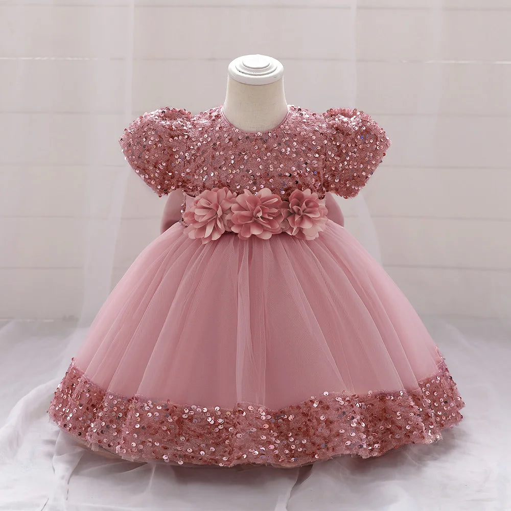 Sequin Bridesmaid Bow Girls Party Dresses Red Christmas Costumes 1st Birthday Princess Baby Dress Tulle Flower Wedding Prom Gown