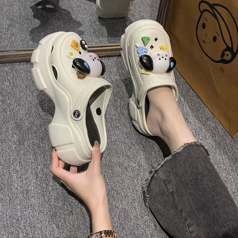 DIY Cute Dog New Sandal Slippers Cartoon Women Mules Summer Beach Sandals Cave Hole Female Garden Shoe For Students Girls