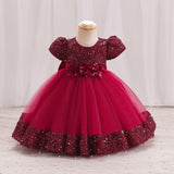 Sequin Bridesmaid Bow Girls Party Dresses Red Christmas Costumes 1st Birthday Princess Baby Dress Tulle Flower Wedding Prom Gown