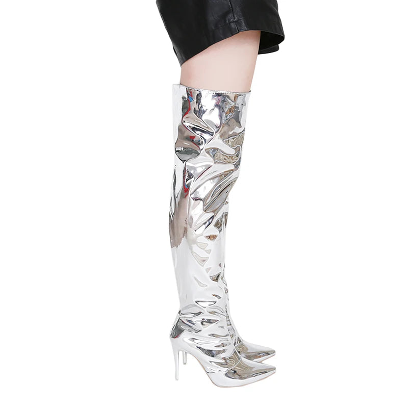 Sexy Silver Mirror Thigh High Boots Women T Show Pointy Toe Club Party Shoes Thin High Heels Over The Knee Long Boots For Women