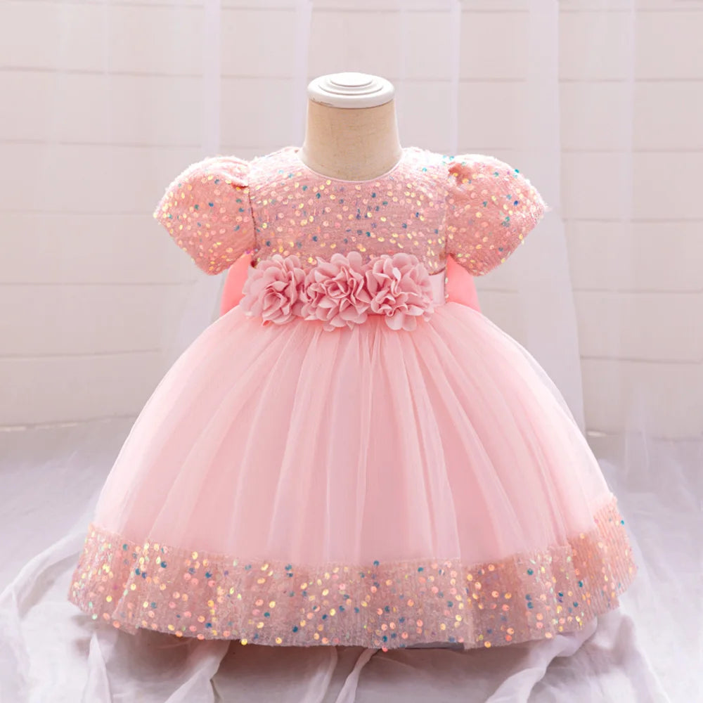 Sequin Bridesmaid Bow Girls Party Dresses Red Christmas Costumes 1st Birthday Princess Baby Dress Tulle Flower Wedding Prom Gown