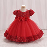 Sequin Bridesmaid Bow Girls Party Dresses Red Christmas Costumes 1st Birthday Princess Baby Dress Tulle Flower Wedding Prom Gown