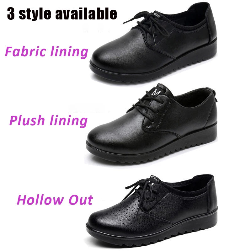 Solid Black Oxford Shoes Woman Work Leather Wedge Flats Female Casual Lace Up Spring Shoes Women's kitchen Non-slip Loafers