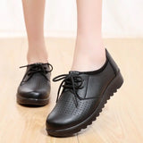 Solid Black Oxford Shoes Woman Work Leather Wedge Flats Female Casual Lace Up Spring Shoes Women's kitchen Non-slip Loafers