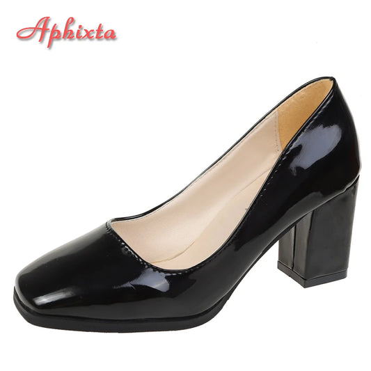 Aphixta 7.5cm Square Tou Patent Leather Shoes Women Pumps Thick Heels Sapato Feminino Work Party Shoes Super Big Plus Size 50