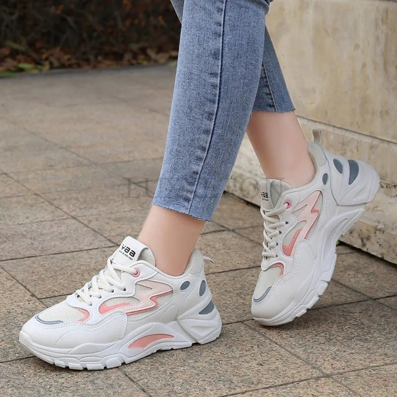 Thick Soled Mesh Breathable College Style Sports Shoes Low Cut Comfortable Versatile Fashionable Women Casual Dad Shoes